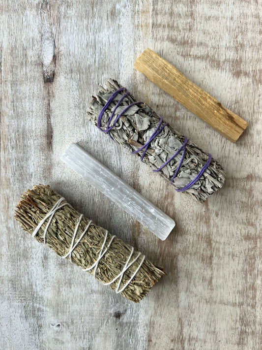 The-Essential-Cleanse-Bundle-Sage-White-or-Blue-Sage-Palo-Santo-Selenite-Stick