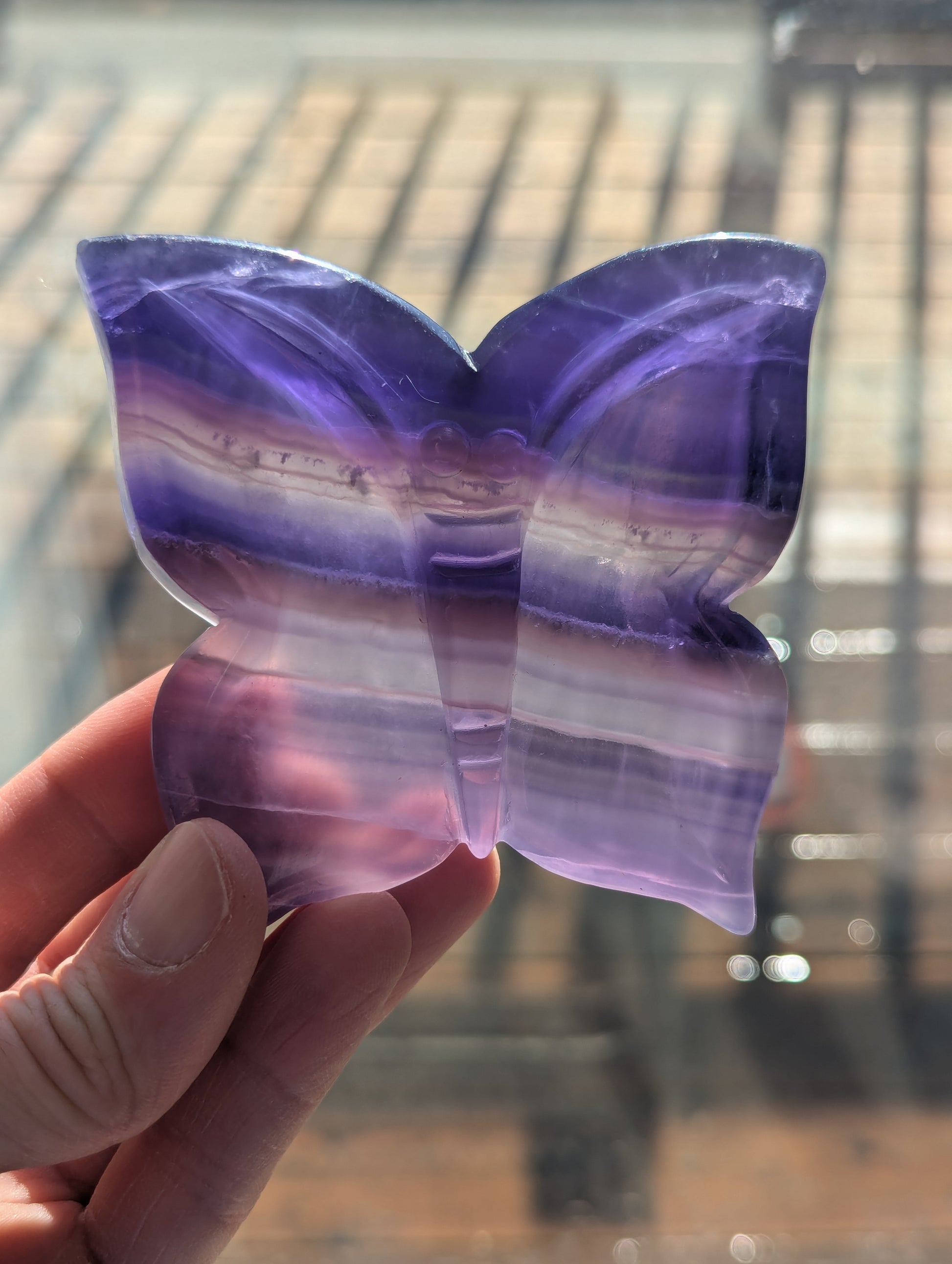 Purple butterfly-shaped object held by a hand with a blurred background