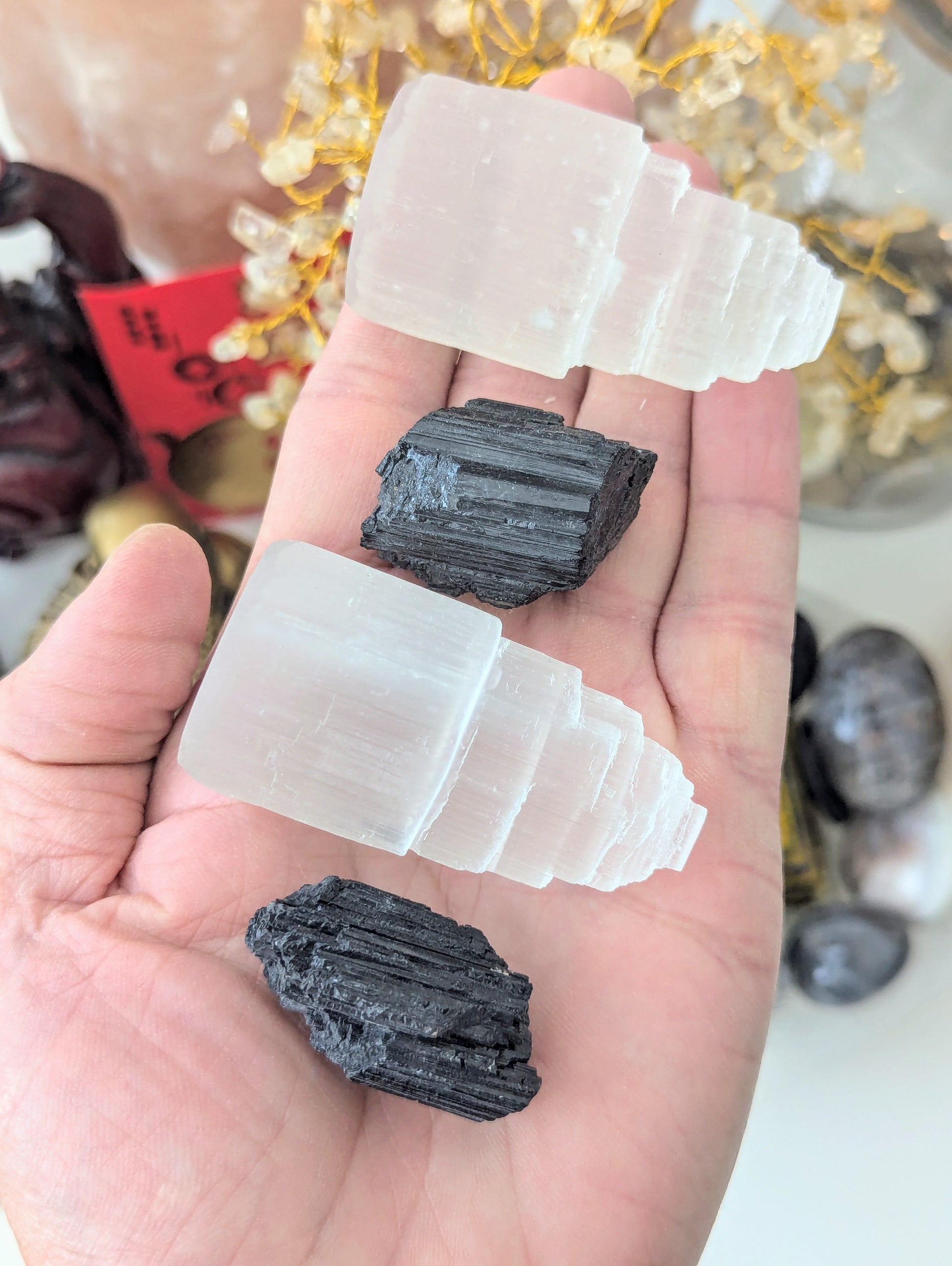 A hand holds three crystal clusters: two milky white selenite stairpyramids and one dark charcoal black tourmaline geode, with blurred crystals in the background.