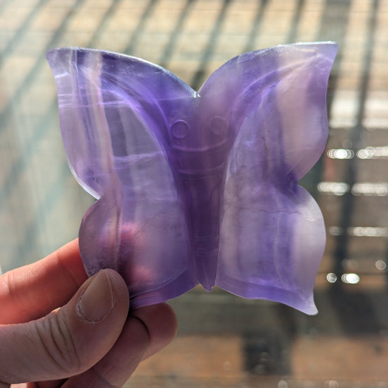 Purple butterfly-shaped object held in a hand with a blurred background