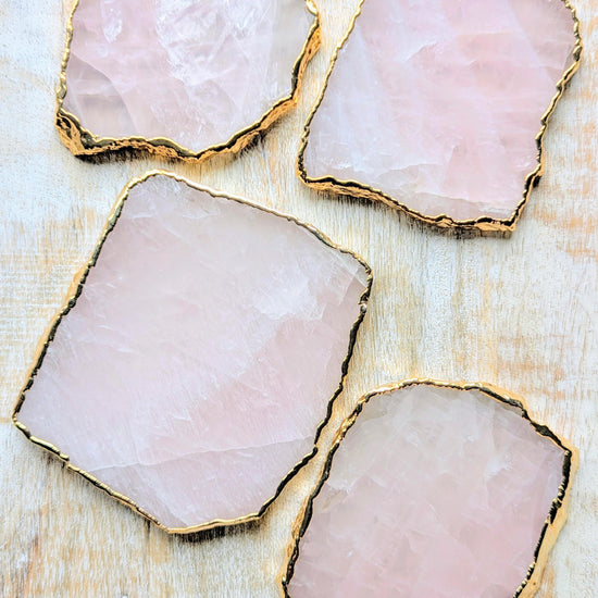 set of 4 rose quartz gold electroplated coasters