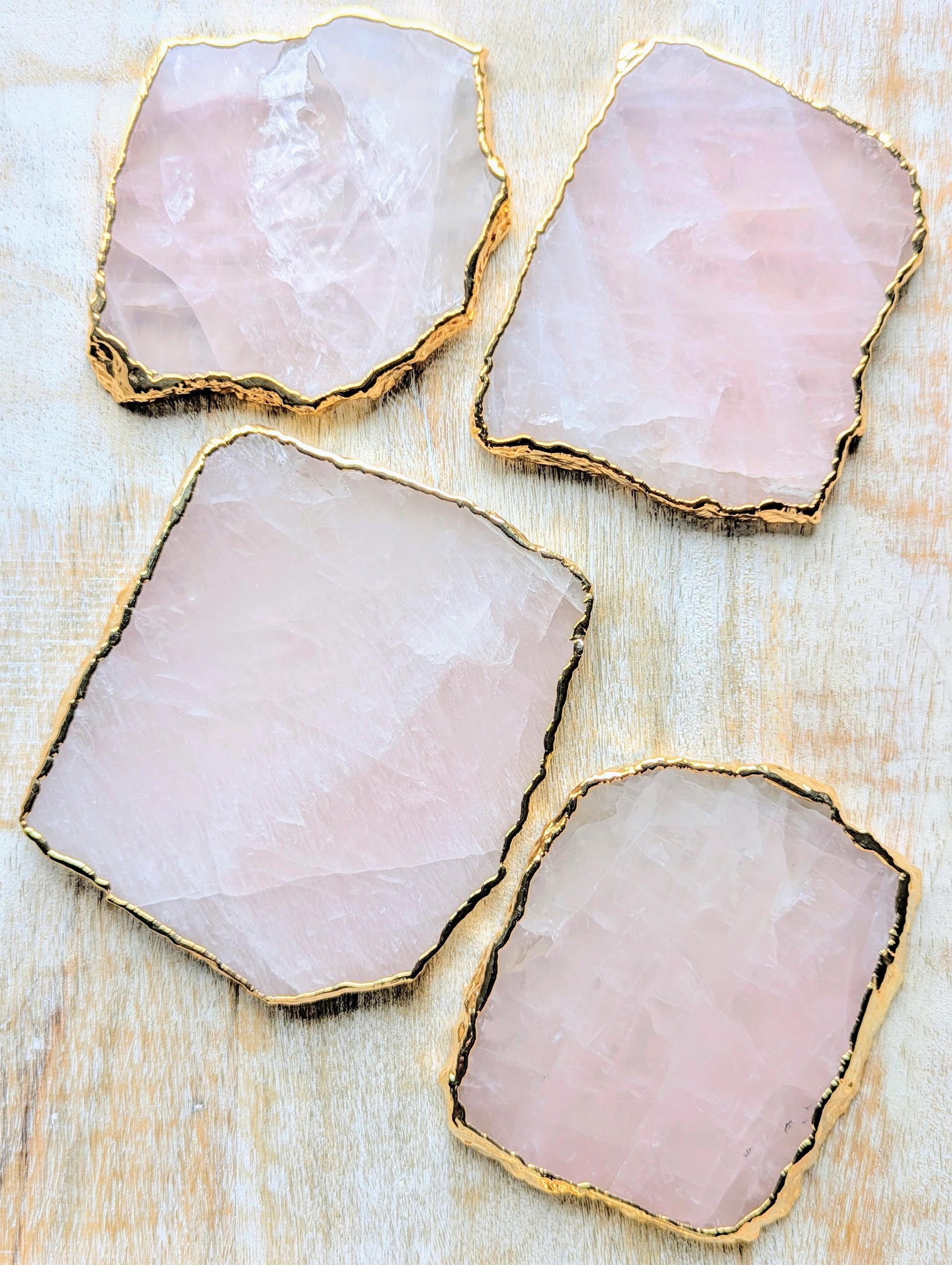 set of 4 rose quartz gold electroplated coasters